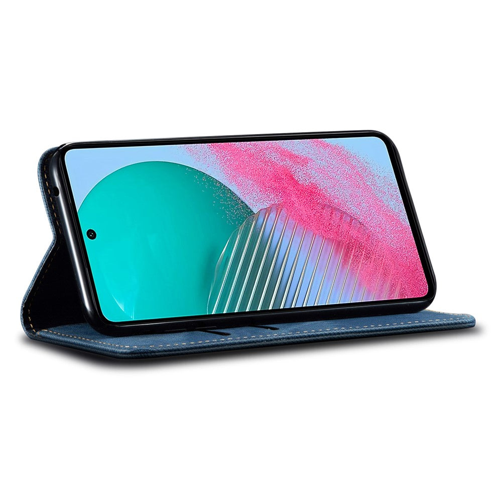 For Samsung Galaxy M54 5G / F54 5G Anti-Scratch Phone Case PU Leather Jeans Cloth Texture Wallet Stand Phone Cover - Blue