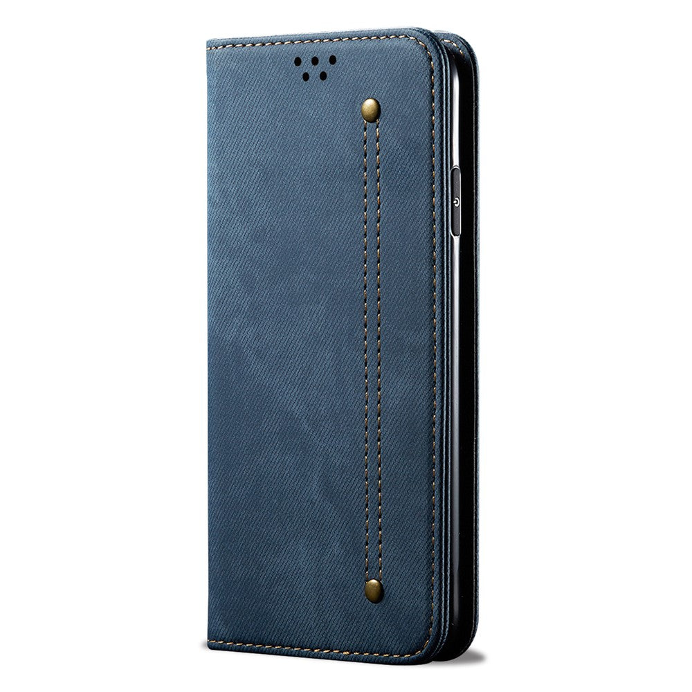 For Samsung Galaxy M54 5G / F54 5G Anti-Scratch Phone Case PU Leather Jeans Cloth Texture Wallet Stand Phone Cover - Blue
