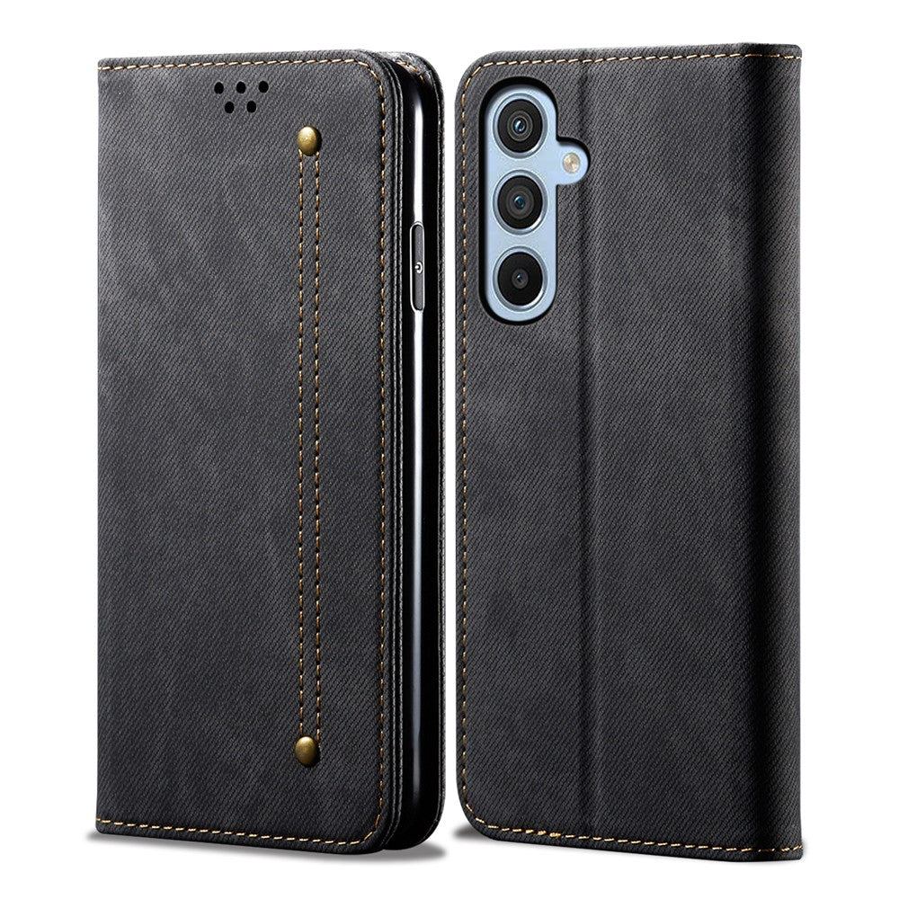 For Samsung Galaxy M54 5G / F54 5G Anti-Scratch Phone Case PU Leather Jeans Cloth Texture Wallet Stand Phone Cover - Black