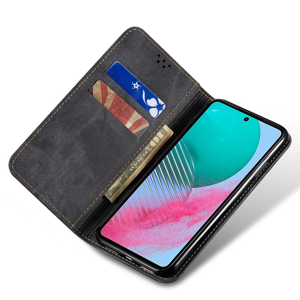 For Samsung Galaxy M54 5G / F54 5G Anti-Scratch Phone Case PU Leather Jeans Cloth Texture Wallet Stand Phone Cover - Black