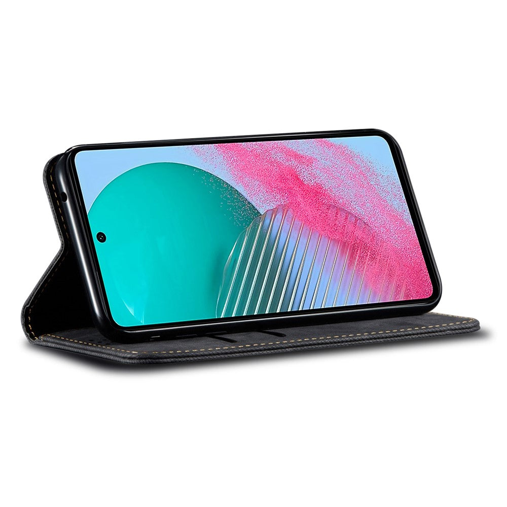 For Samsung Galaxy M54 5G / F54 5G Anti-Scratch Phone Case PU Leather Jeans Cloth Texture Wallet Stand Phone Cover - Black