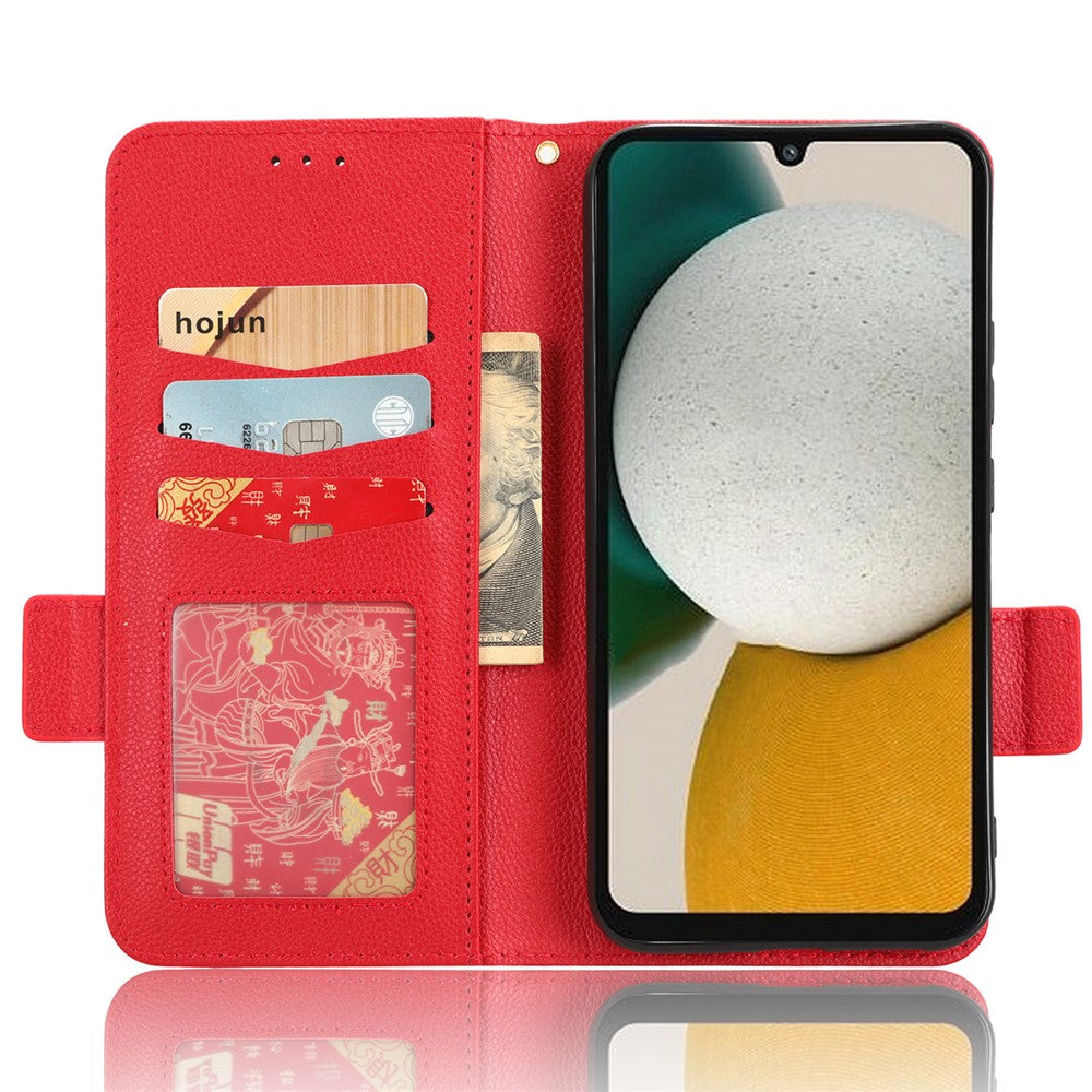 For Samsung Galaxy M14 5G Dual Magnetic Clasp Cover Wallet Stand Litchi Texture PU Leather+TPU Phone Case - Red
