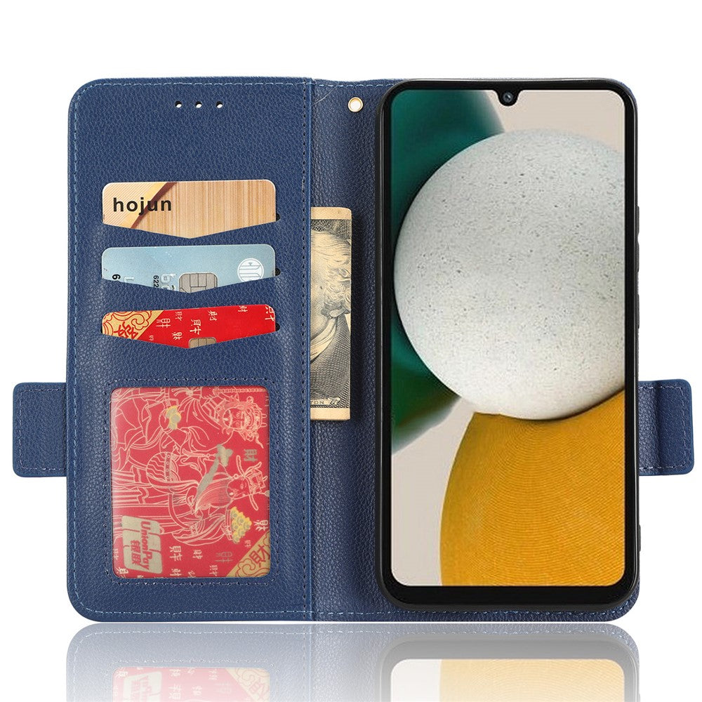 For Samsung Galaxy M14 5G Dual Magnetic Clasp Cover Wallet Stand Litchi Texture PU Leather+TPU Phone Case - Dark Blue
