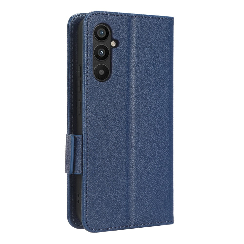For Samsung Galaxy M14 5G Dual Magnetic Clasp Cover Wallet Stand Litchi Texture PU Leather+TPU Phone Case - Dark Blue