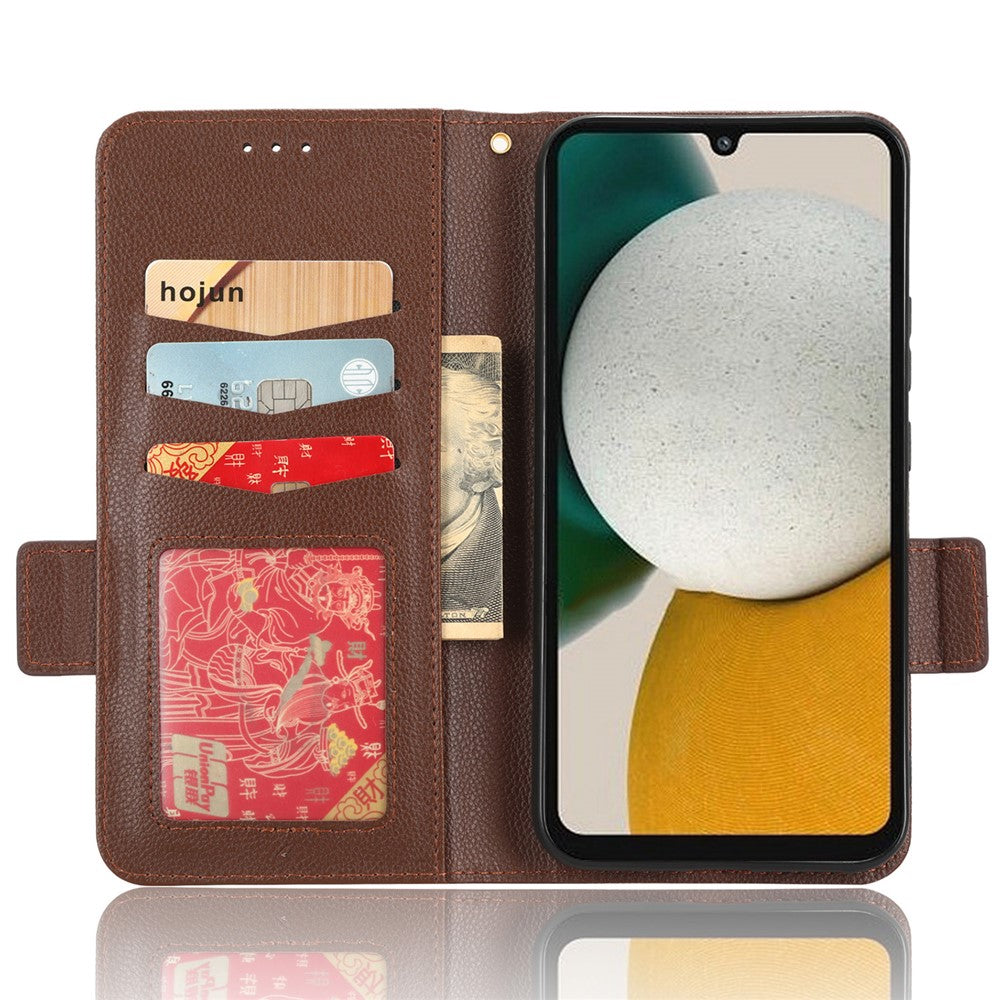 For Samsung Galaxy M14 5G Dual Magnetic Clasp Cover Wallet Stand Litchi Texture PU Leather+TPU Phone Case - Brown