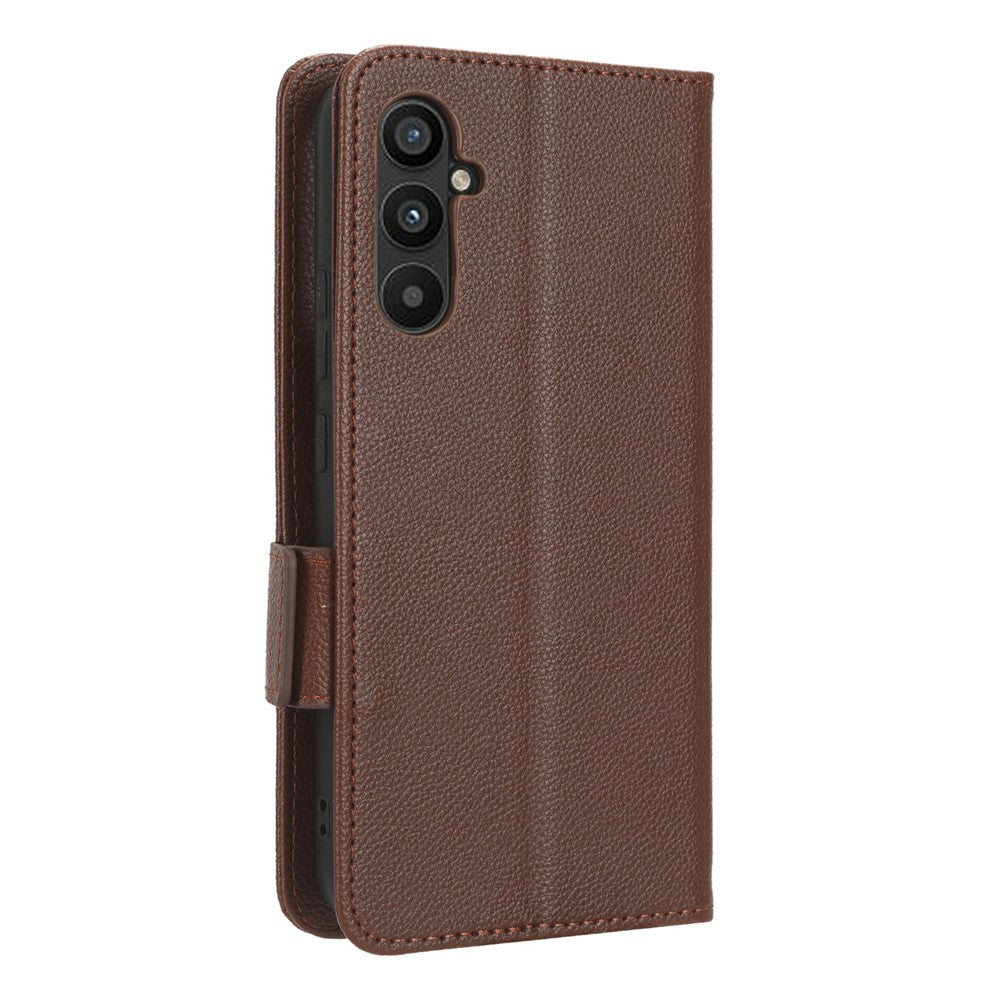 For Samsung Galaxy M14 5G Dual Magnetic Clasp Cover Wallet Stand Litchi Texture PU Leather+TPU Phone Case - Brown