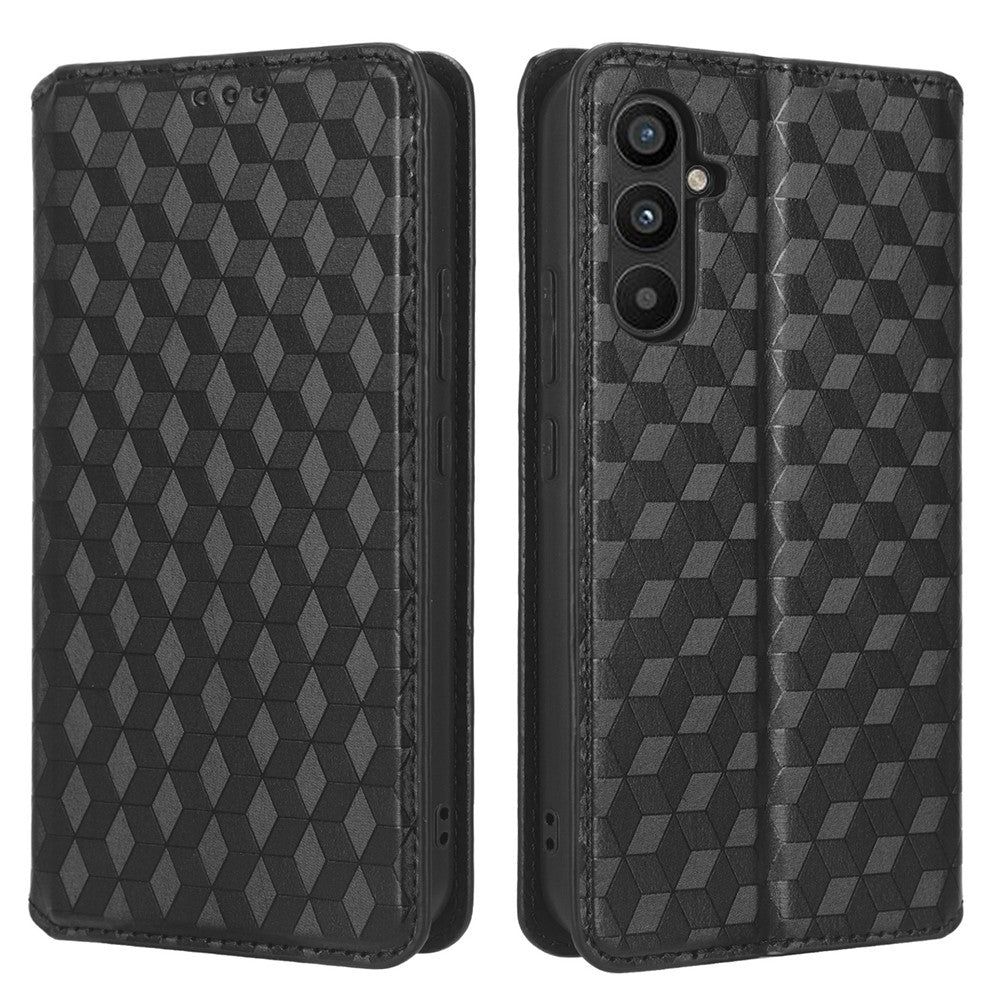 For Samsung Galaxy M14 5G Stand Phone Cover Wallet Imprinted Rhombus Pattern PU Leather+TPU Phone Case - Black