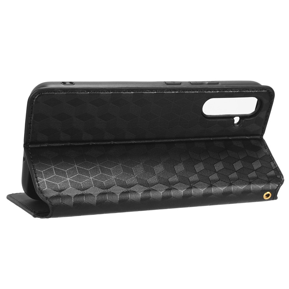 For Samsung Galaxy M14 5G Stand Phone Cover Wallet Imprinted Rhombus Pattern PU Leather+TPU Phone Case - Black