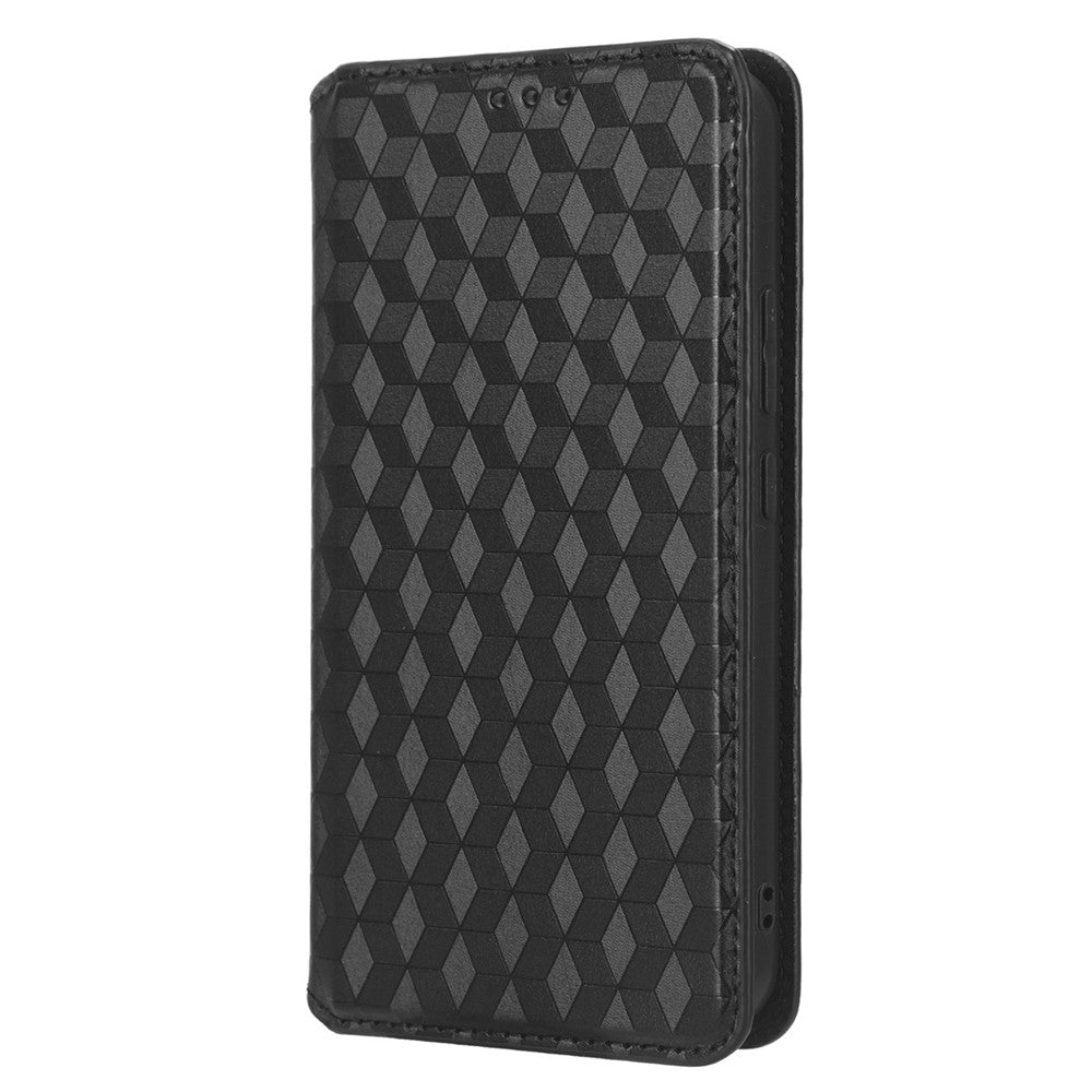 For Samsung Galaxy M14 5G Stand Phone Cover Wallet Imprinted Rhombus Pattern PU Leather+TPU Phone Case - Black