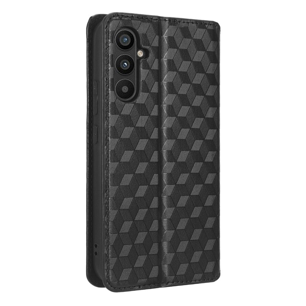 For Samsung Galaxy M14 5G Stand Phone Cover Wallet Imprinted Rhombus Pattern PU Leather+TPU Phone Case - Black