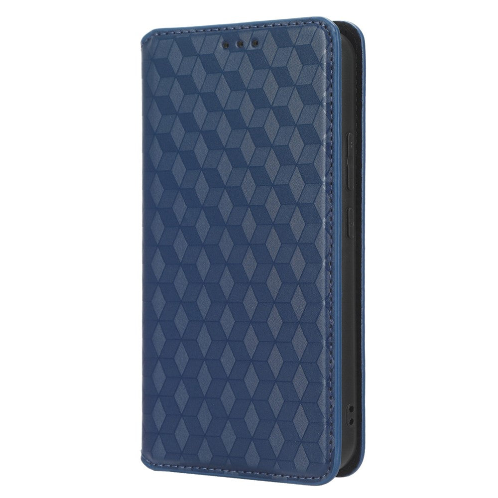 For Samsung Galaxy M14 5G Stand Phone Cover Wallet Imprinted Rhombus Pattern PU Leather+TPU Phone Case - Blue