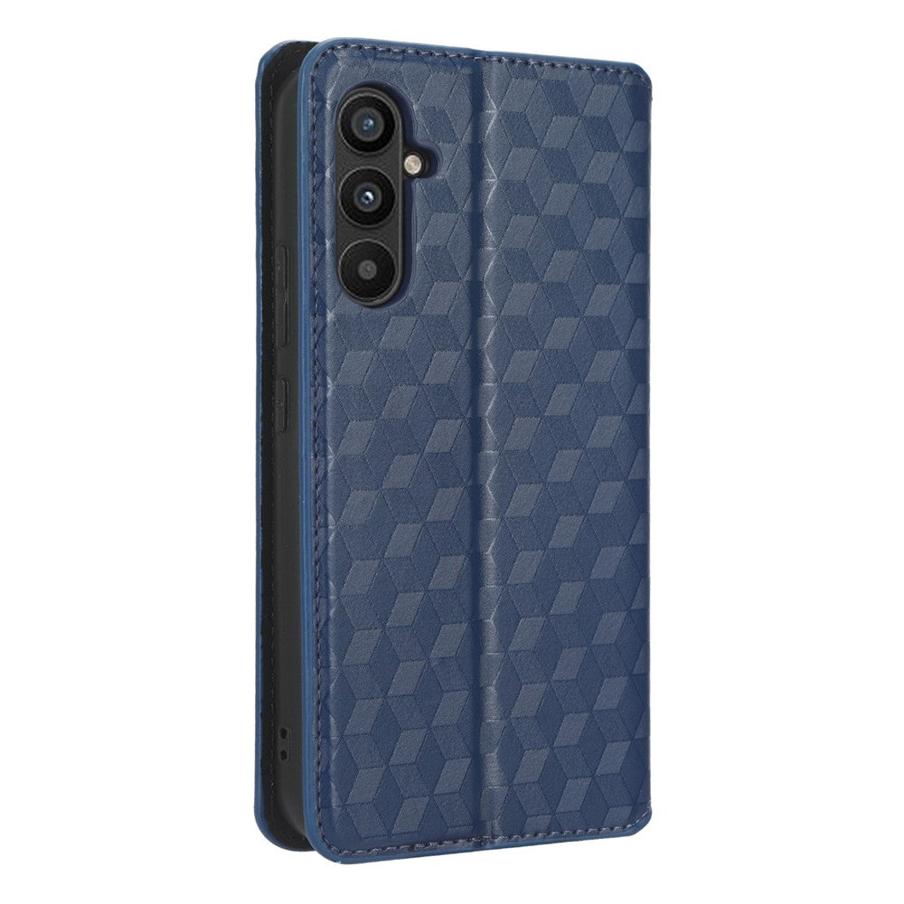 For Samsung Galaxy M14 5G Stand Phone Cover Wallet Imprinted Rhombus Pattern PU Leather+TPU Phone Case - Blue