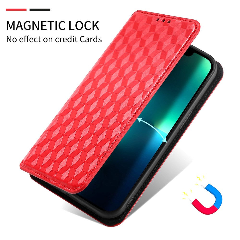 For Samsung Galaxy M14 5G Stand Phone Cover Wallet Imprinted Rhombus Pattern PU Leather+TPU Phone Case - Red