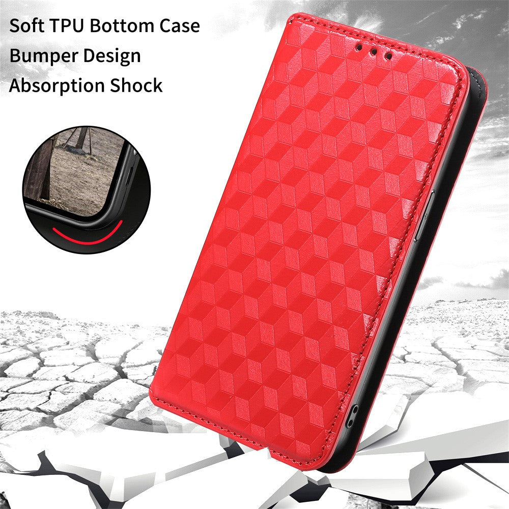 For Samsung Galaxy M14 5G Stand Phone Cover Wallet Imprinted Rhombus Pattern PU Leather+TPU Phone Case - Red