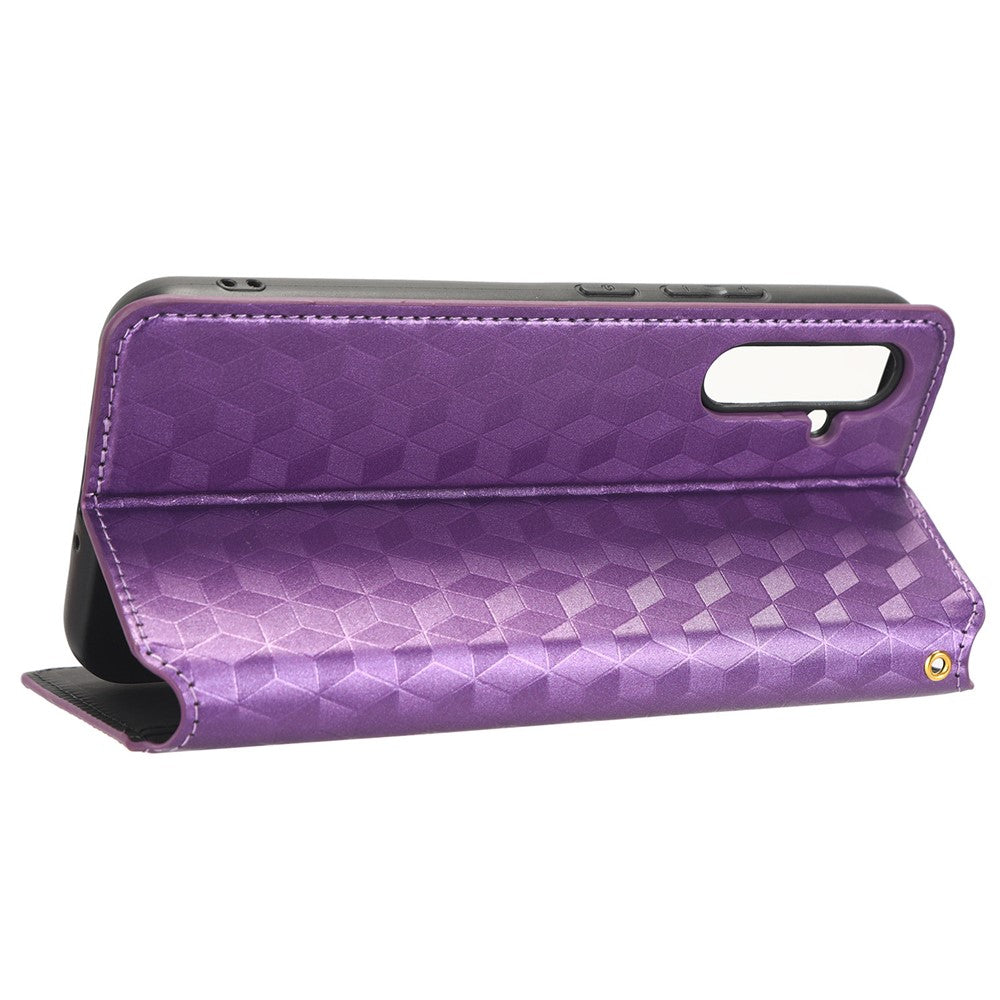 For Samsung Galaxy M14 5G Stand Phone Cover Wallet Imprinted Rhombus Pattern PU Leather+TPU Phone Case - Purple