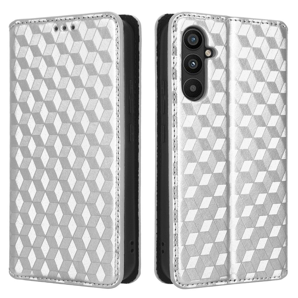 For Samsung Galaxy M14 5G Stand Phone Cover Wallet Imprinted Rhombus Pattern PU Leather+TPU Phone Case - Silver