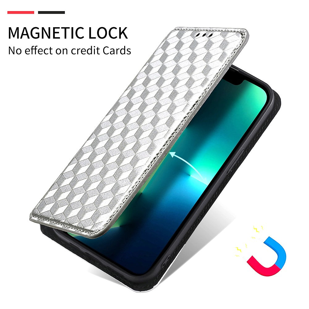For Samsung Galaxy M14 5G Stand Phone Cover Wallet Imprinted Rhombus Pattern PU Leather+TPU Phone Case - Silver