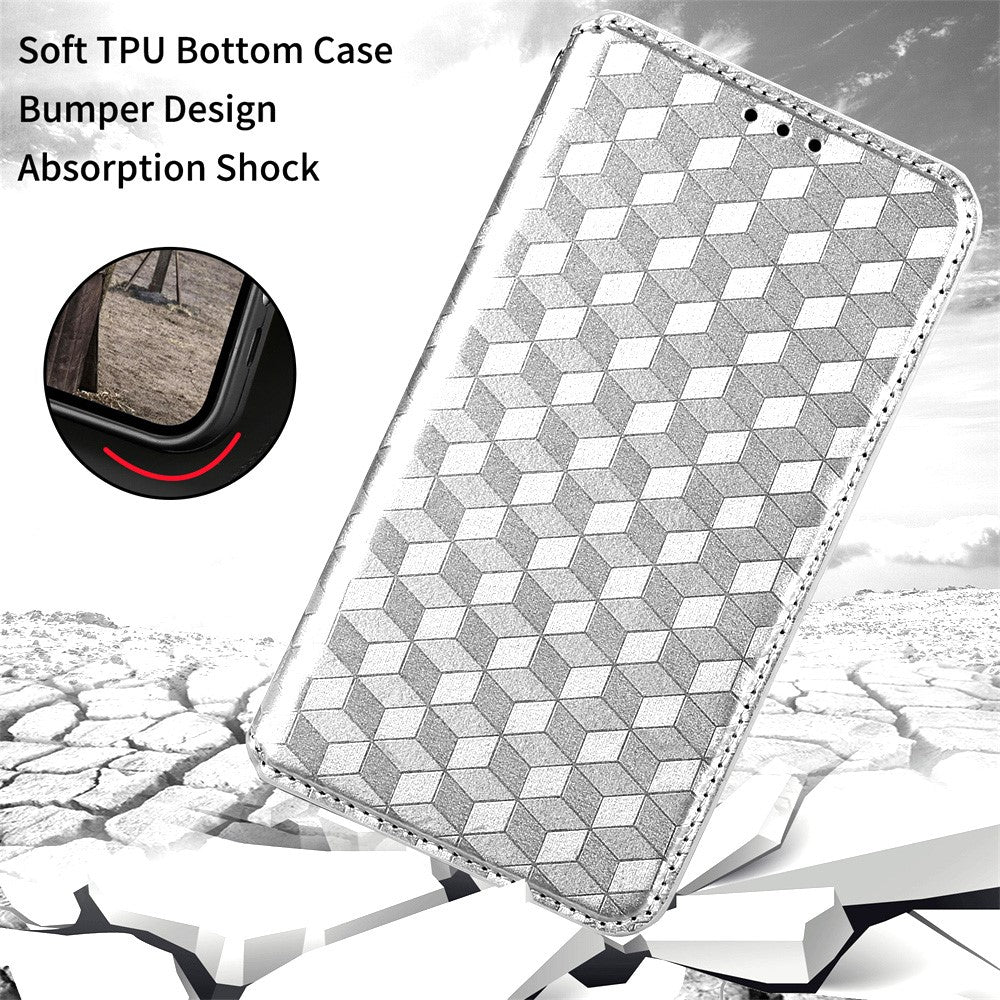 For Samsung Galaxy M14 5G Stand Phone Cover Wallet Imprinted Rhombus Pattern PU Leather+TPU Phone Case - Silver