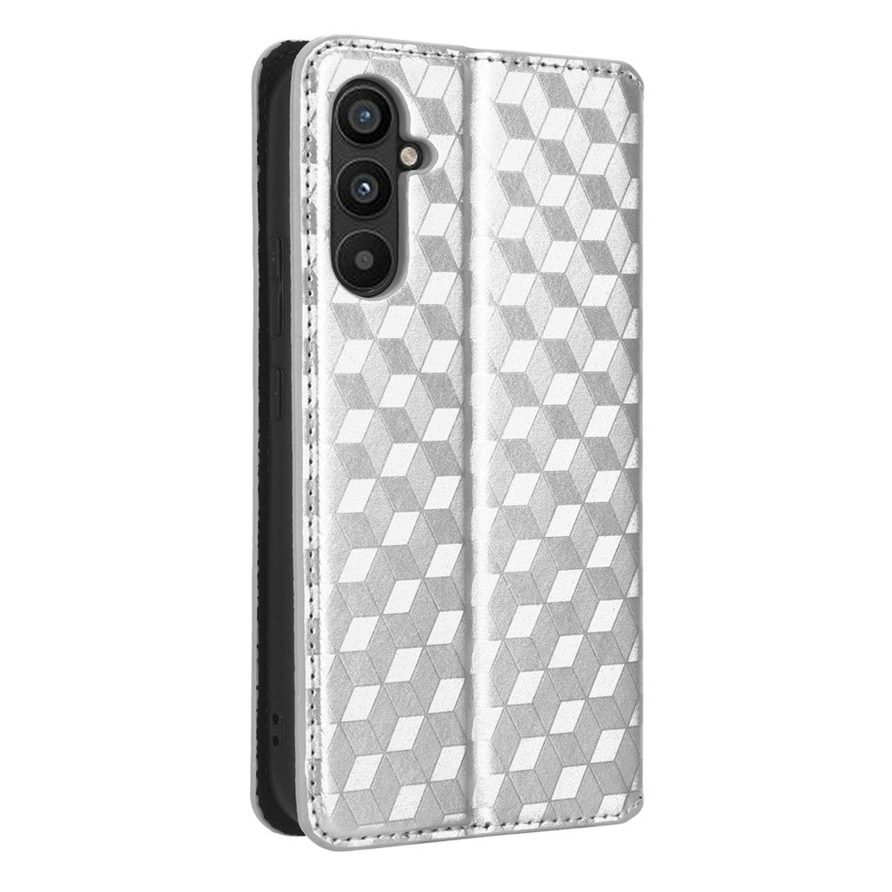 For Samsung Galaxy M14 5G Stand Phone Cover Wallet Imprinted Rhombus Pattern PU Leather+TPU Phone Case - Silver