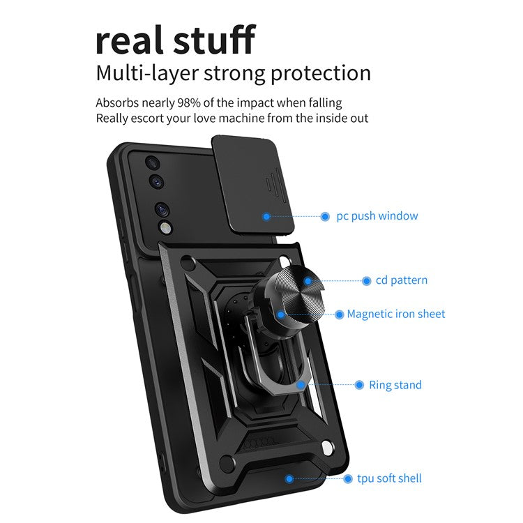 For Honor 70 5G Phone Kickstand Case Slide Camera Lens Protection PC+TPU Cover - Blue