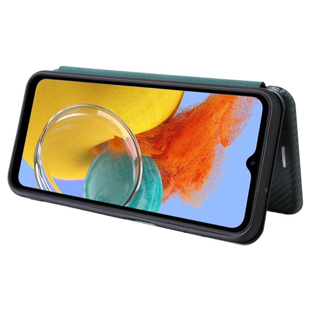 For Samsung Galaxy M14 5G Phone Cover TPU+PU Leather Stand Carbon Fiber Texture Phone Case with Card Slot - Blue