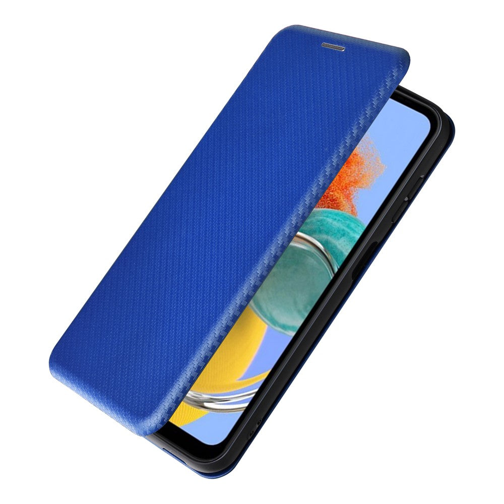 For Samsung Galaxy M14 5G Phone Cover TPU+PU Leather Stand Carbon Fiber Texture Phone Case with Card Slot - Blue