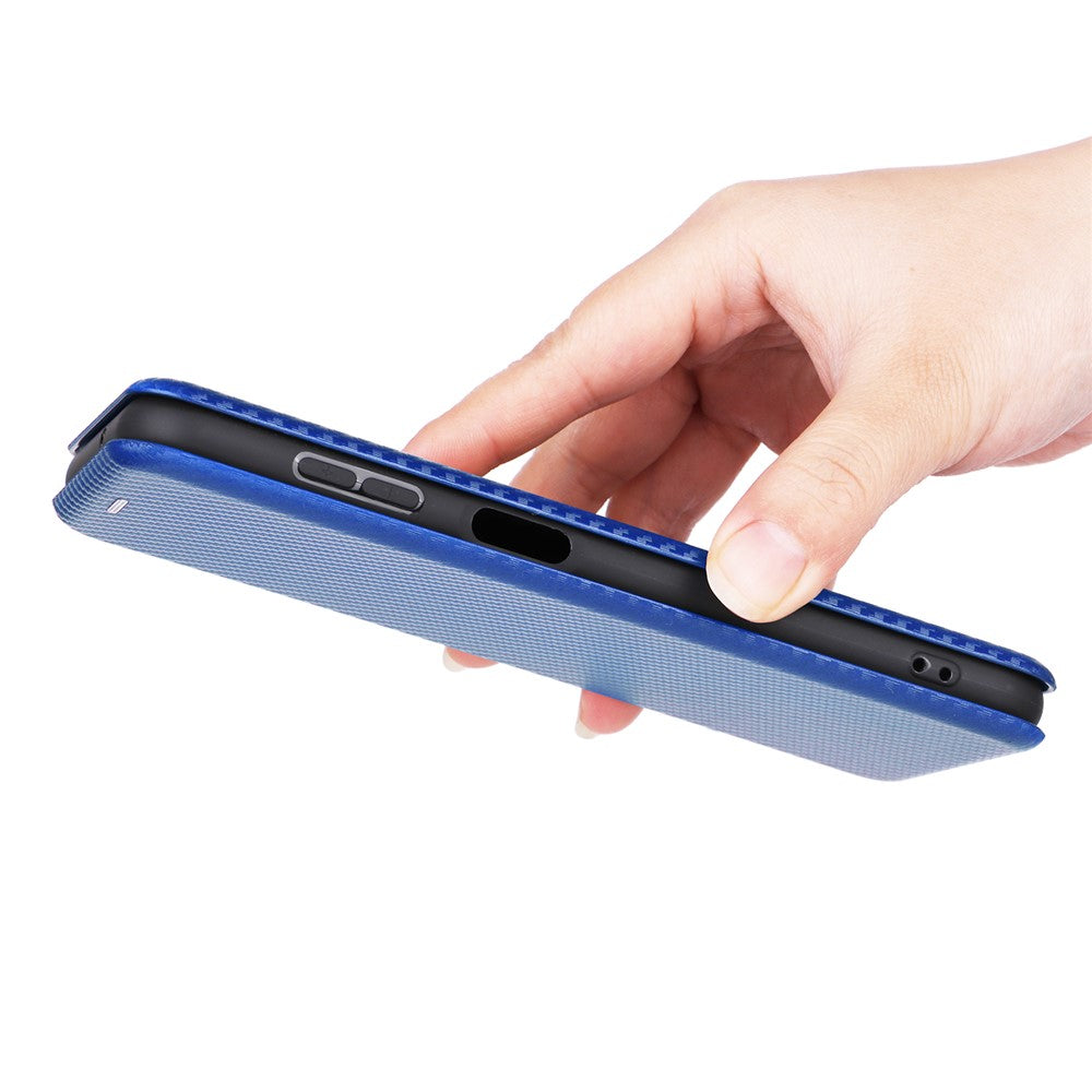 For Samsung Galaxy M14 5G Phone Cover TPU+PU Leather Stand Carbon Fiber Texture Phone Case with Card Slot - Blue