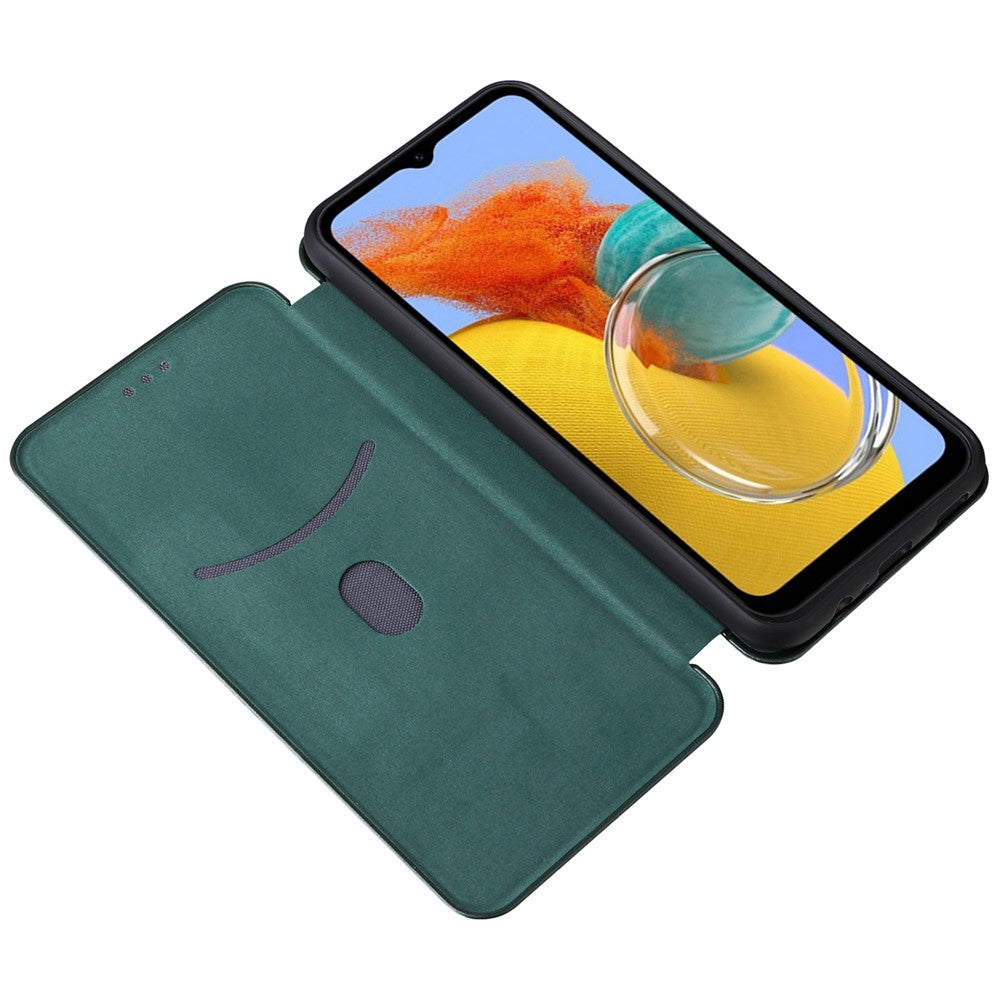 For Samsung Galaxy M14 5G Phone Cover TPU+PU Leather Stand Carbon Fiber Texture Phone Case with Card Slot - Green