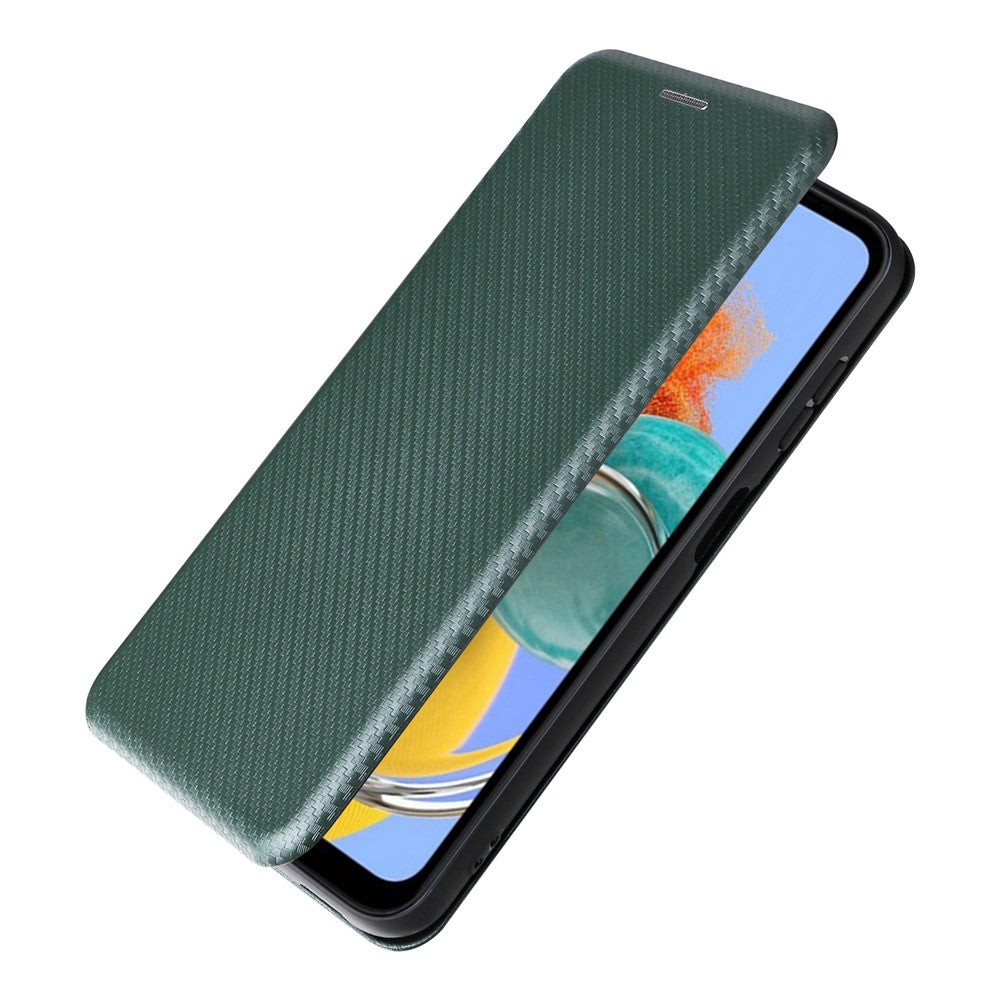For Samsung Galaxy M14 5G Phone Cover TPU+PU Leather Stand Carbon Fiber Texture Phone Case with Card Slot - Green