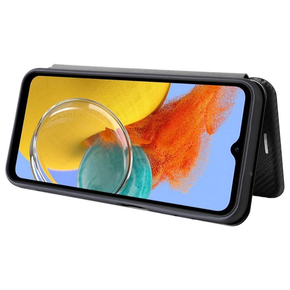 For Samsung Galaxy M14 5G Phone Cover TPU+PU Leather Stand Carbon Fiber Texture Phone Case with Card Slot - Black