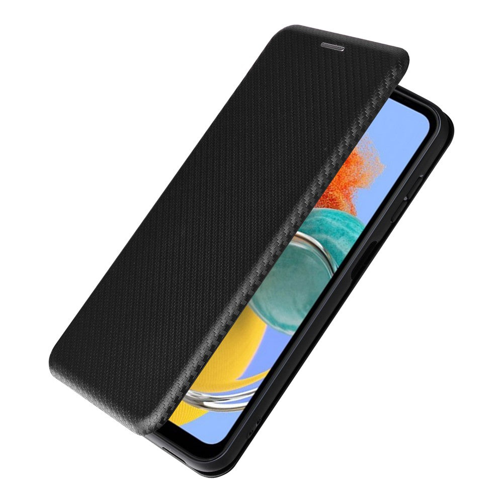 For Samsung Galaxy M14 5G Phone Cover TPU+PU Leather Stand Carbon Fiber Texture Phone Case with Card Slot - Black