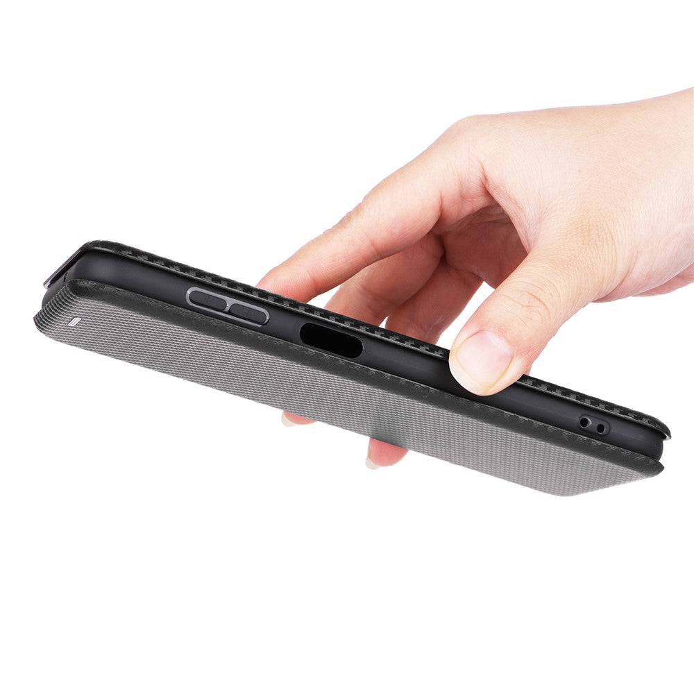 For Samsung Galaxy M14 5G Phone Cover TPU+PU Leather Stand Carbon Fiber Texture Phone Case with Card Slot - Black
