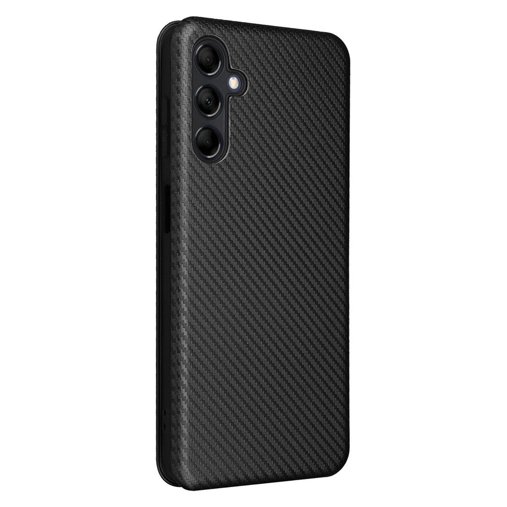 For Samsung Galaxy M14 5G Phone Cover TPU+PU Leather Stand Carbon Fiber Texture Phone Case with Card Slot - Black