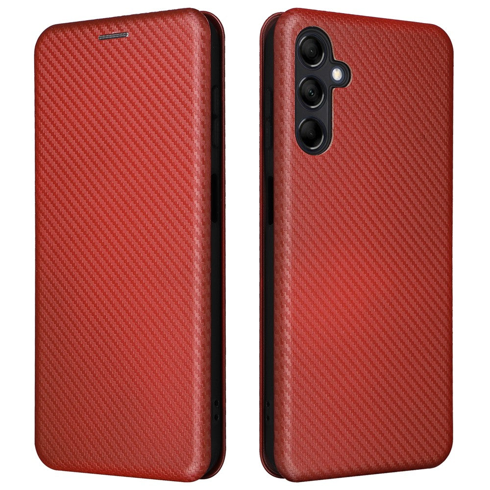 For Samsung Galaxy M14 5G Phone Cover TPU+PU Leather Stand Carbon Fiber Texture Phone Case with Card Slot - Brown