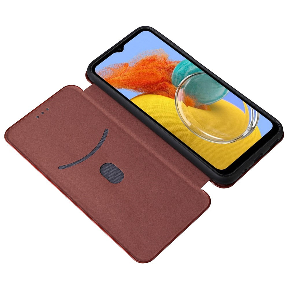 For Samsung Galaxy M14 5G Phone Cover TPU+PU Leather Stand Carbon Fiber Texture Phone Case with Card Slot - Brown