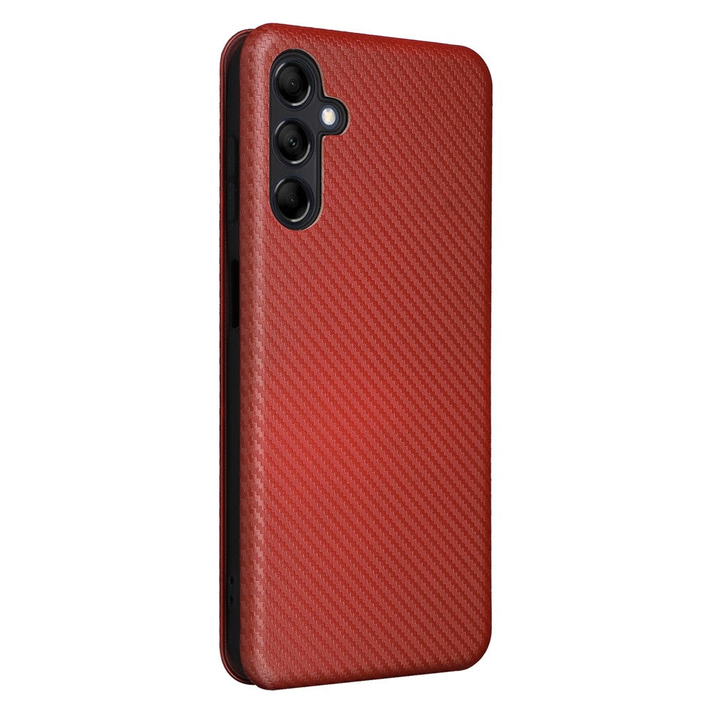 For Samsung Galaxy M14 5G Phone Cover TPU+PU Leather Stand Carbon Fiber Texture Phone Case with Card Slot - Brown