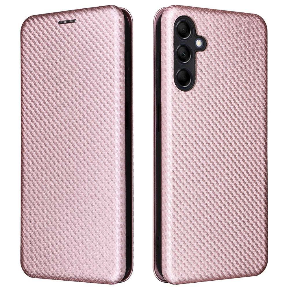 For Samsung Galaxy M14 5G Phone Cover TPU+PU Leather Stand Carbon Fiber Texture Phone Case with Card Slot - Rose Gold