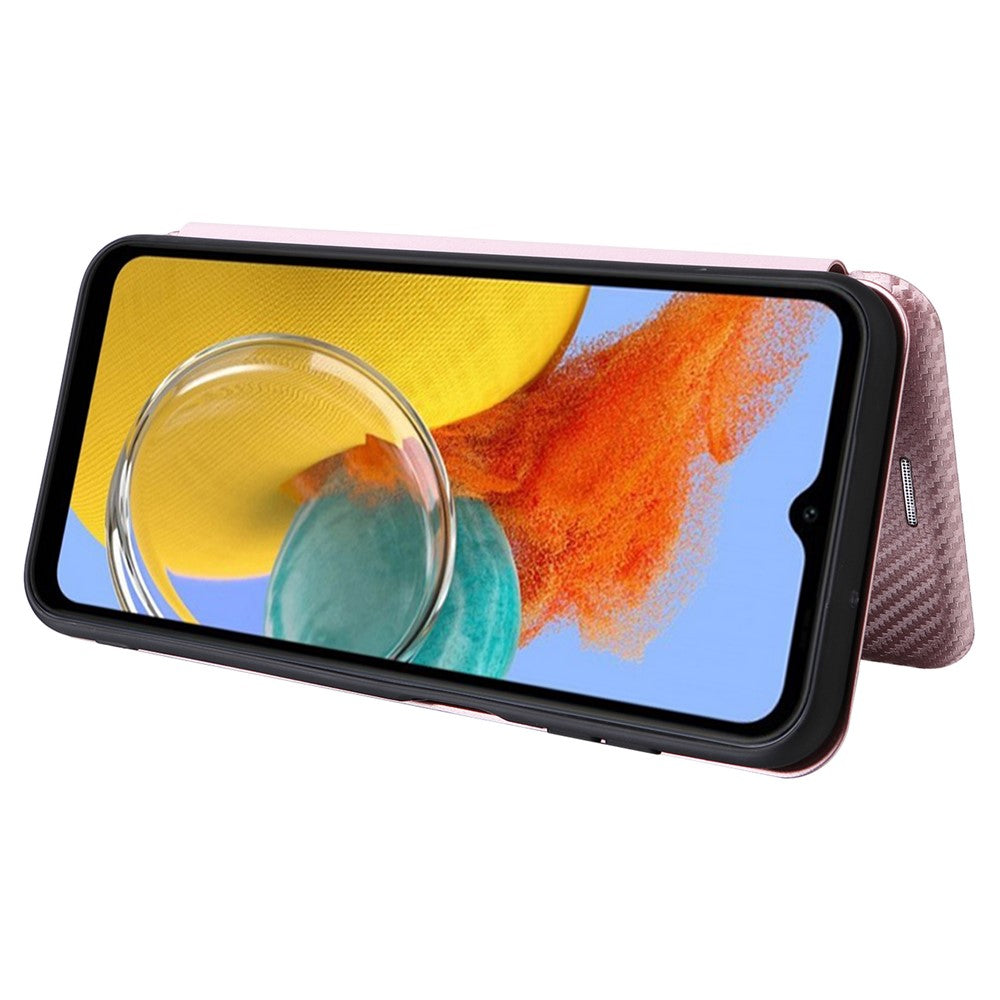 For Samsung Galaxy M14 5G Phone Cover TPU+PU Leather Stand Carbon Fiber Texture Phone Case with Card Slot - Rose Gold