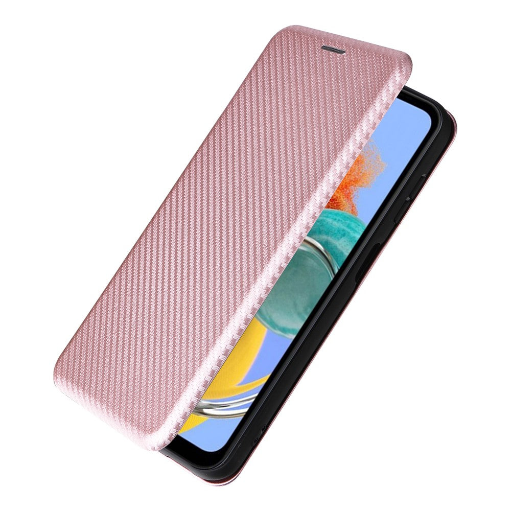 For Samsung Galaxy M14 5G Phone Cover TPU+PU Leather Stand Carbon Fiber Texture Phone Case with Card Slot - Rose Gold