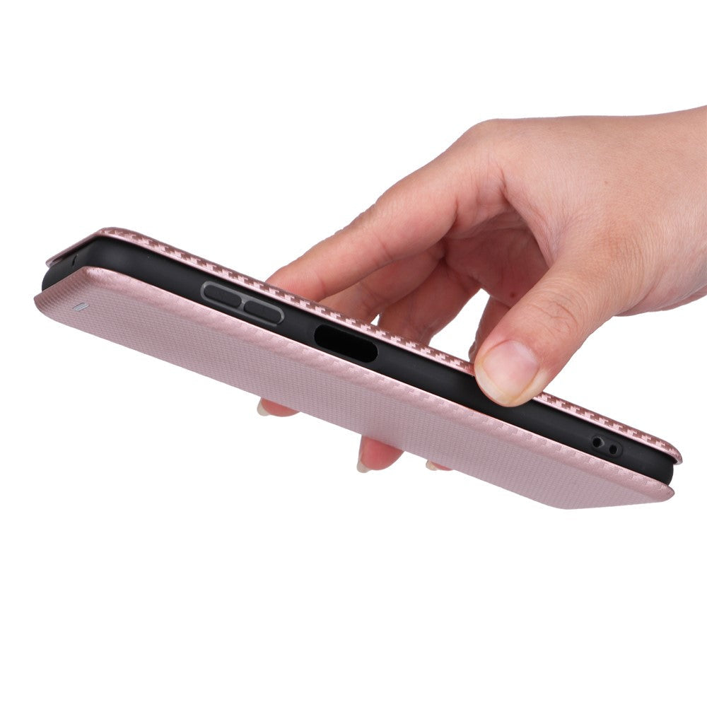 For Samsung Galaxy M14 5G Phone Cover TPU+PU Leather Stand Carbon Fiber Texture Phone Case with Card Slot - Rose Gold