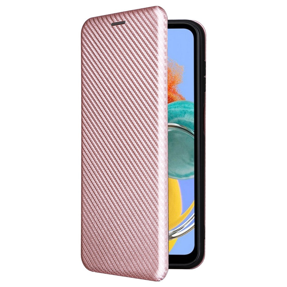 For Samsung Galaxy M14 5G Phone Cover TPU+PU Leather Stand Carbon Fiber Texture Phone Case with Card Slot - Rose Gold