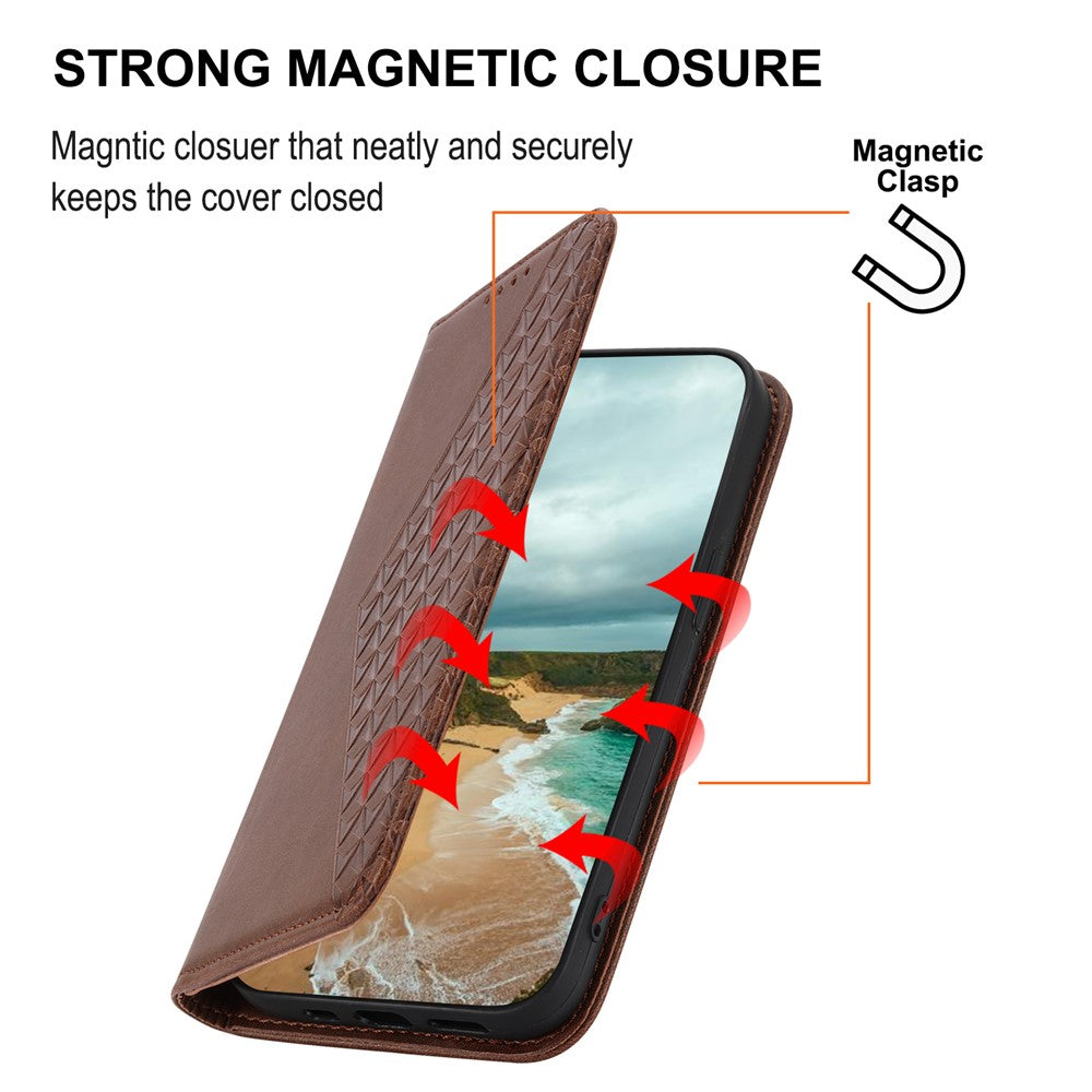 For Samsung Galaxy M14 5G Imprinted Rhombus Pattern Phone Shell Calf Texture PU Leather Stand Phone Case - Brown
