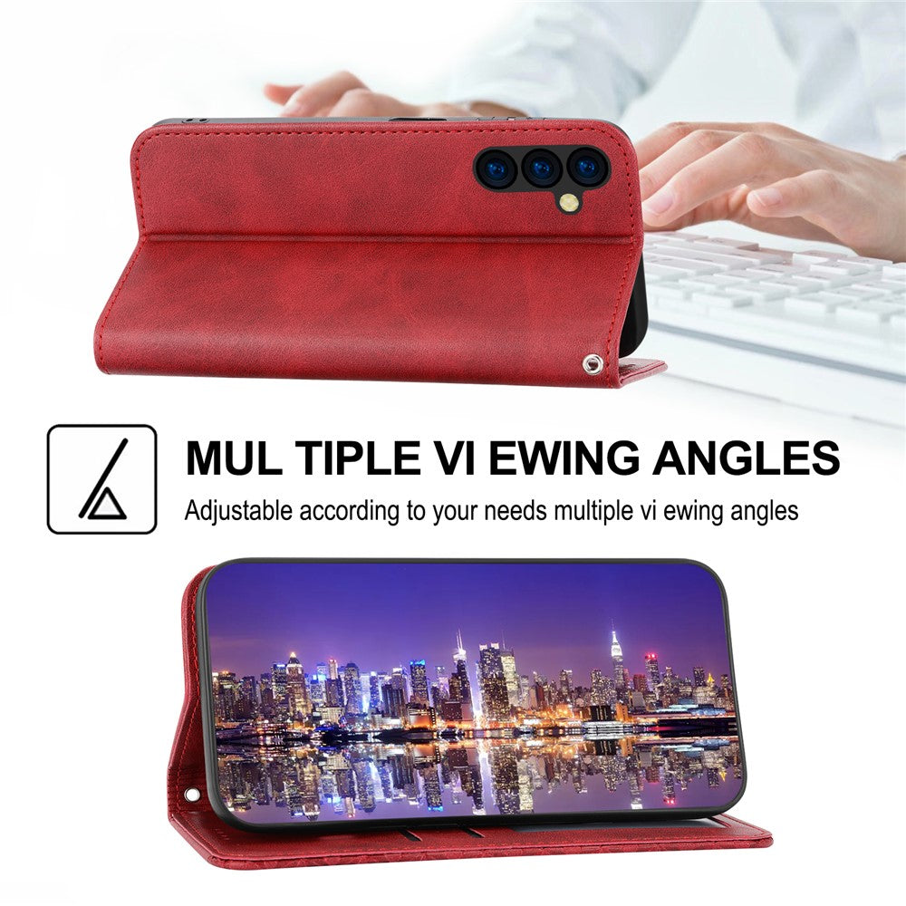 For Samsung Galaxy M14 5G Imprinted Rhombus Pattern Phone Shell Calf Texture PU Leather Stand Phone Case - Red