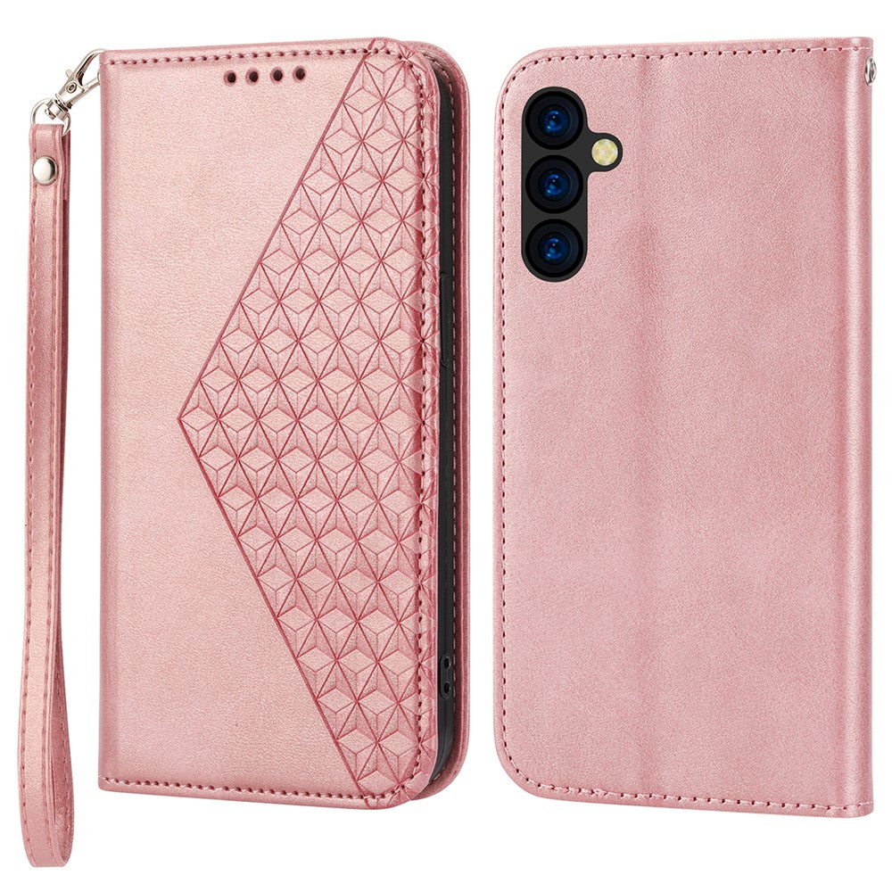 For Samsung Galaxy M14 5G Imprinted Rhombus Pattern Phone Shell Calf Texture PU Leather Stand Phone Case - Rose Gold