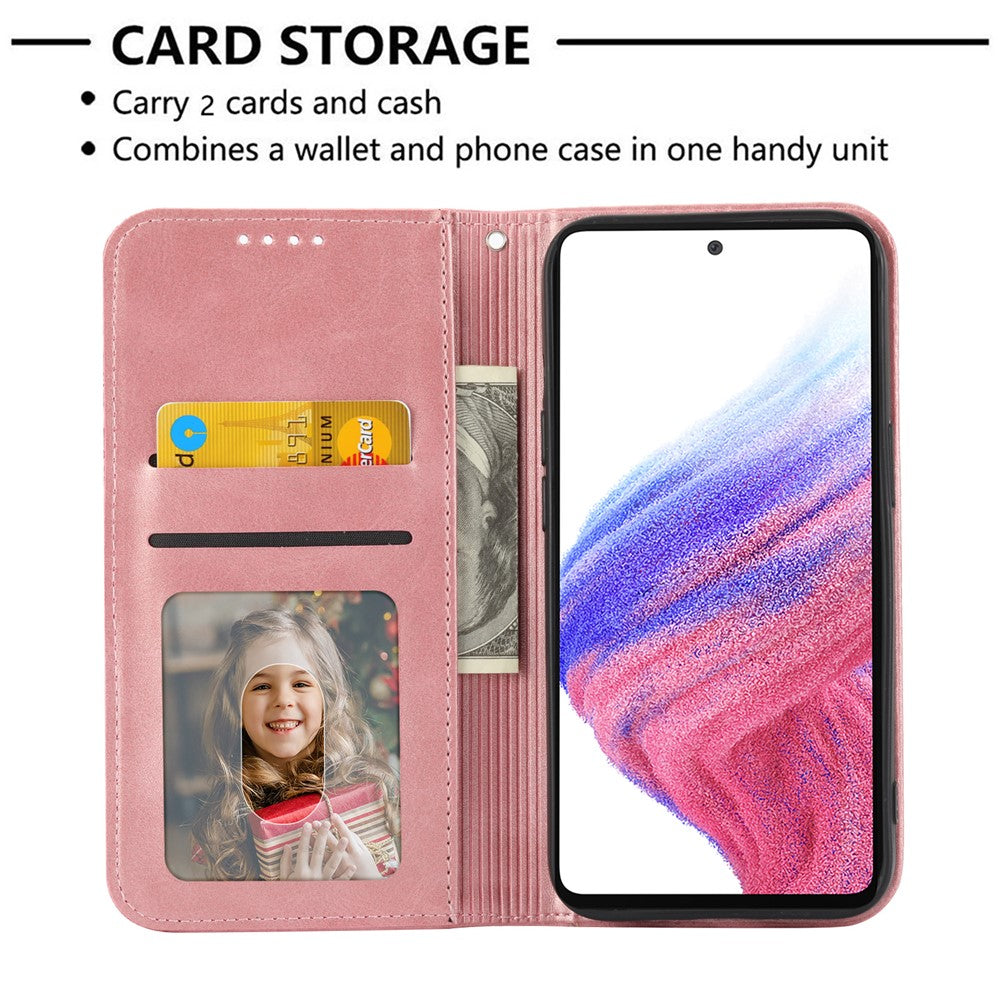 For Samsung Galaxy M14 5G Imprinted Rhombus Pattern Phone Shell Calf Texture PU Leather Stand Phone Case - Rose Gold