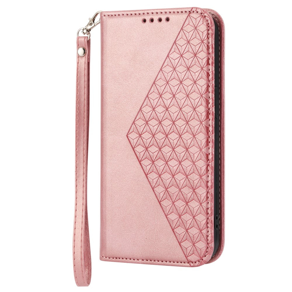 For Samsung Galaxy M14 5G Imprinted Rhombus Pattern Phone Shell Calf Texture PU Leather Stand Phone Case - Rose Gold