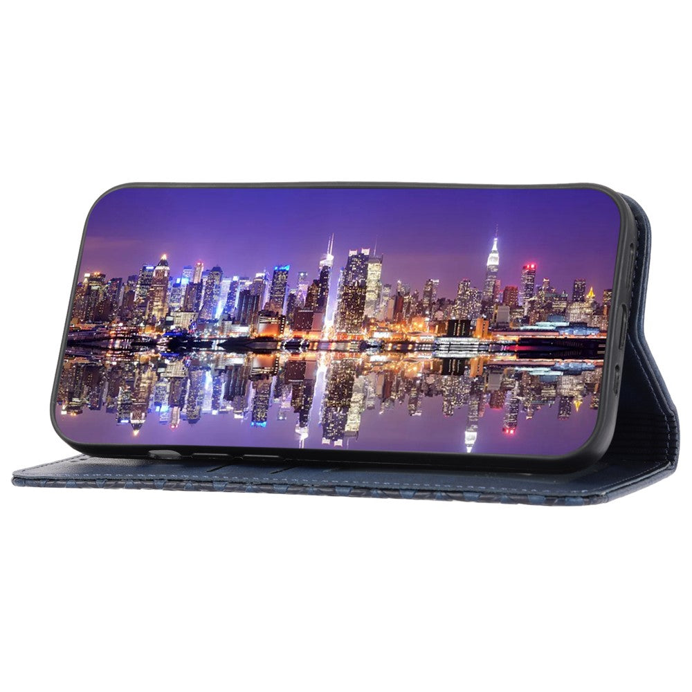 For Samsung Galaxy M14 5G Imprinted Rhombus Pattern Phone Shell Calf Texture PU Leather Stand Phone Case - Blue
