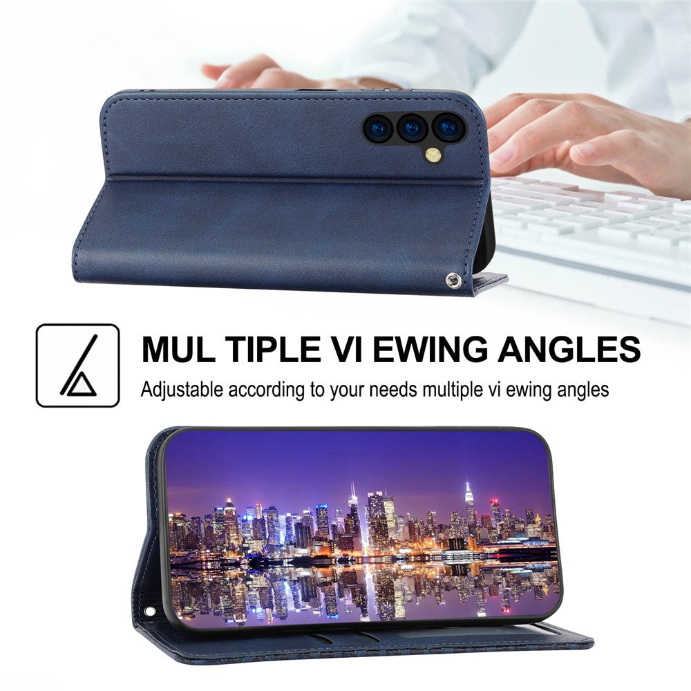 For Samsung Galaxy M14 5G Imprinted Rhombus Pattern Phone Shell Calf Texture PU Leather Stand Phone Case - Blue
