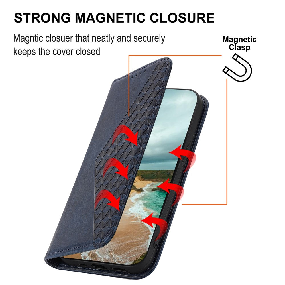 For Samsung Galaxy M14 5G Imprinted Rhombus Pattern Phone Shell Calf Texture PU Leather Stand Phone Case - Blue