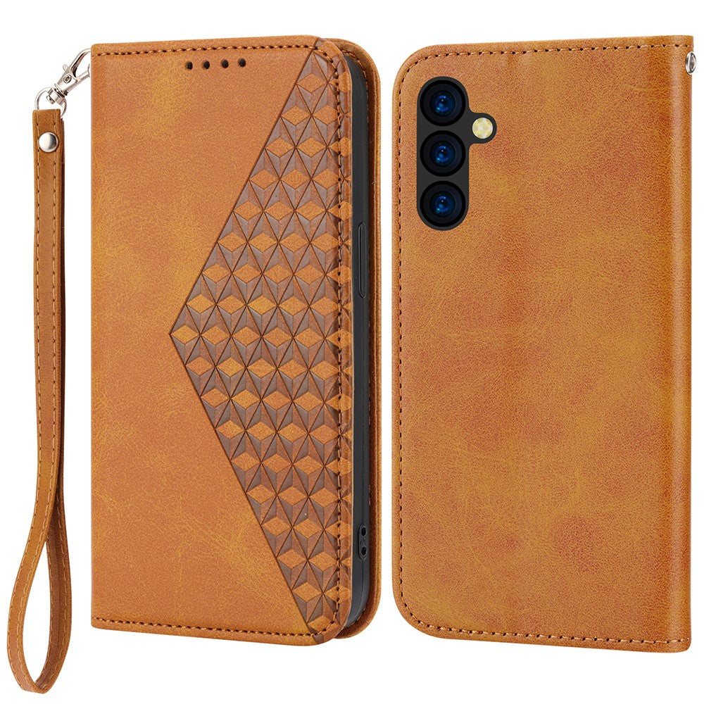 For Samsung Galaxy M14 5G Imprinted Rhombus Pattern Phone Shell Calf Texture PU Leather Stand Phone Case - Yellow